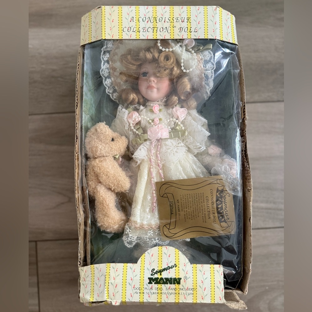 Seymour Mann Porcelain Doll with Teddy - Cream & Pink Dress
